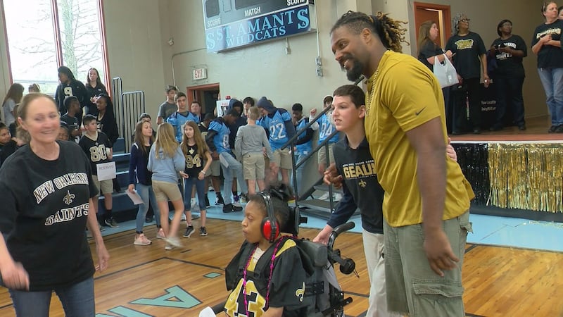 Saints DE Cam Jordan stopped by St. Amant Middle for a pep rally. (Source: WAFB)