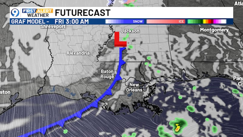 GRAF model forecast valid at 3 AM Friday showing the next cold front moving through with only...