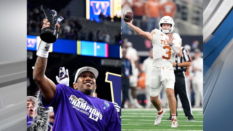 From left, quarterbacks Michael Penix Jr. of No. 2 Washington and Quinn Ewers of No. 3 Texas...