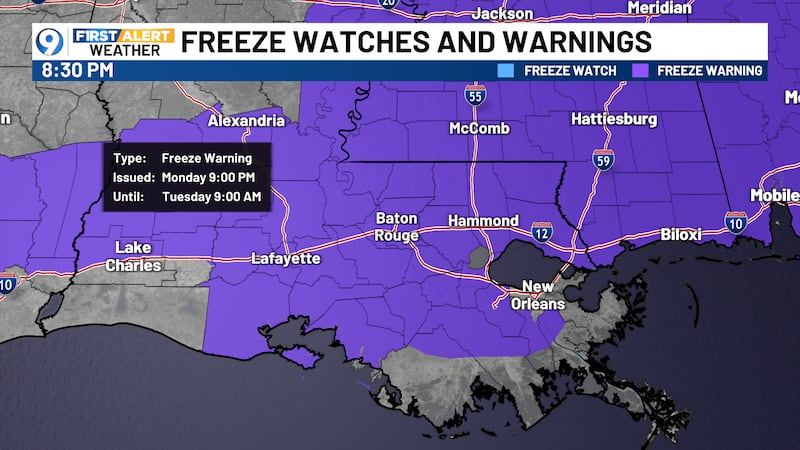 A Freeze Warning is in effect for the majority of southeast Louisiana and all of southwest...