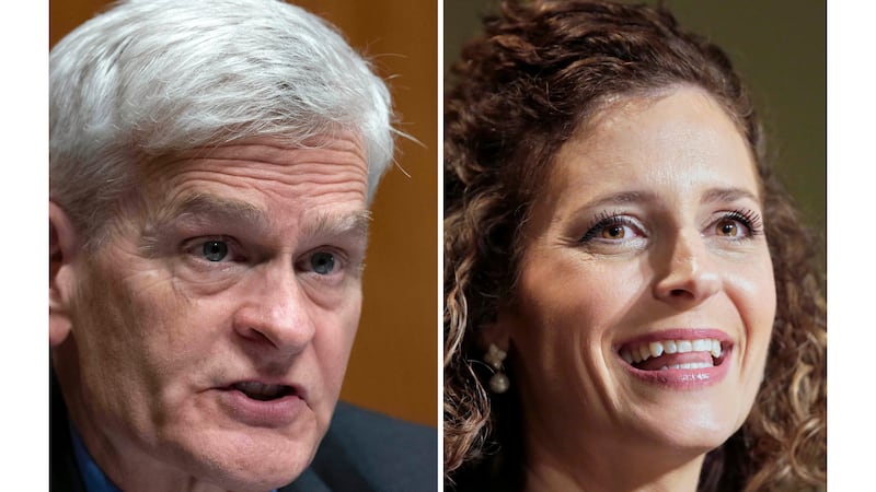 FILE - This photo combination shows Sen. Bill Cassidy, R-La., left, in Washington, Sept. 17,...