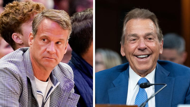 LSU head coach Lane Kiffin and former LSU and Alabama coach Nick Saban are at the center of a...