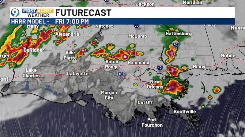 HRRR model forecast valid at 7 PM Friday showing the potential for a line of storms to move...