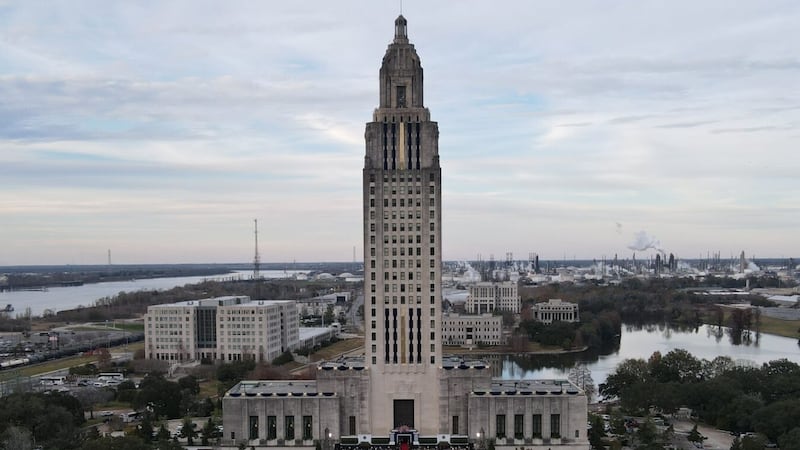 An aerial view of the Louisiana State Capitol.