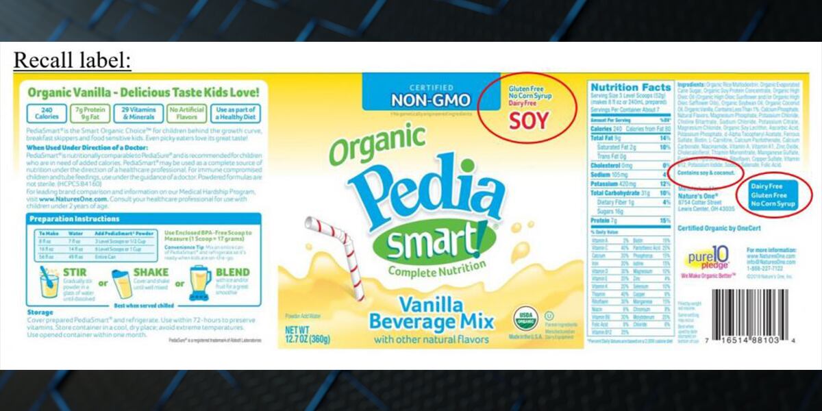 Pediasmart PediaSmart vanilla drink mix recalled due to undeclared milk allergen